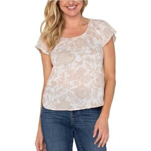 LIVERPOOL TOP WOMENS XSMALL FLUTTER SLEEVE WOVEN GAUZE BLOUSE TAN WHITE NEW